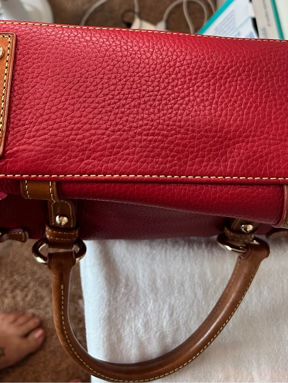 Dooney & Bourke Medium Pocket Satchel Cranberry Gold Hardware Pebbled Leather